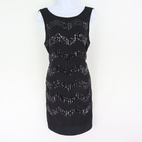 H&M Short Pencil Dress Sleeveless Womens Size 10 Black Polyester Zig Zag Sequins - Picture 1 of 8